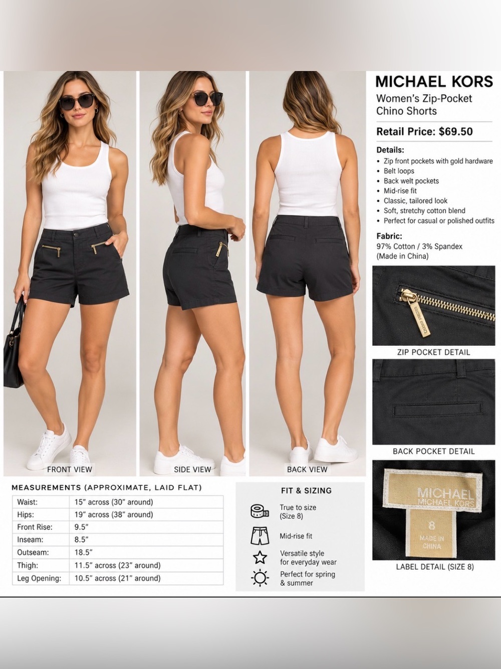Michael Kors Women’s Black Chino Zip-Pocket Shorts, Size 8